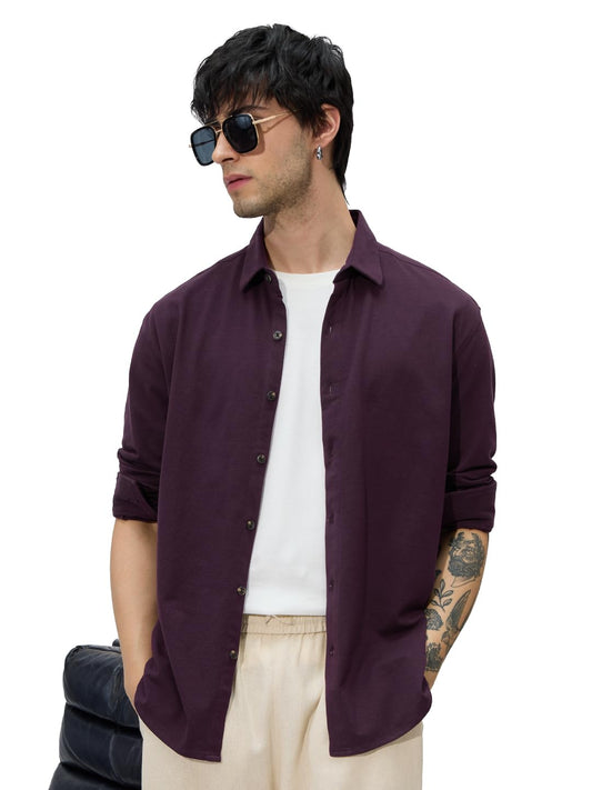 The Souled Store Mulberry Men and Boys Long Sleeves Collared Neck Button Front Regular Fit Cotton Textured Shirts