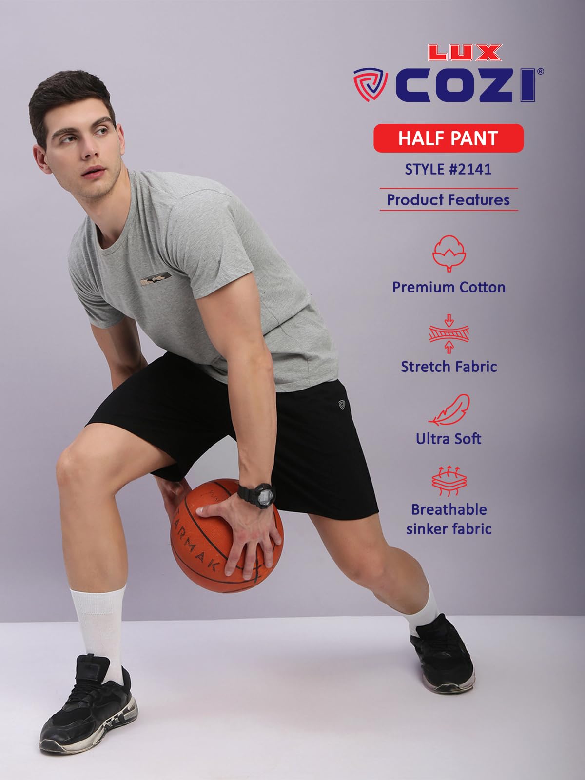 Lux Cozi Men's Cotton Regular Fit Solid Shorts with Side Pockets_COZI_2141_BLK_XL_1PC