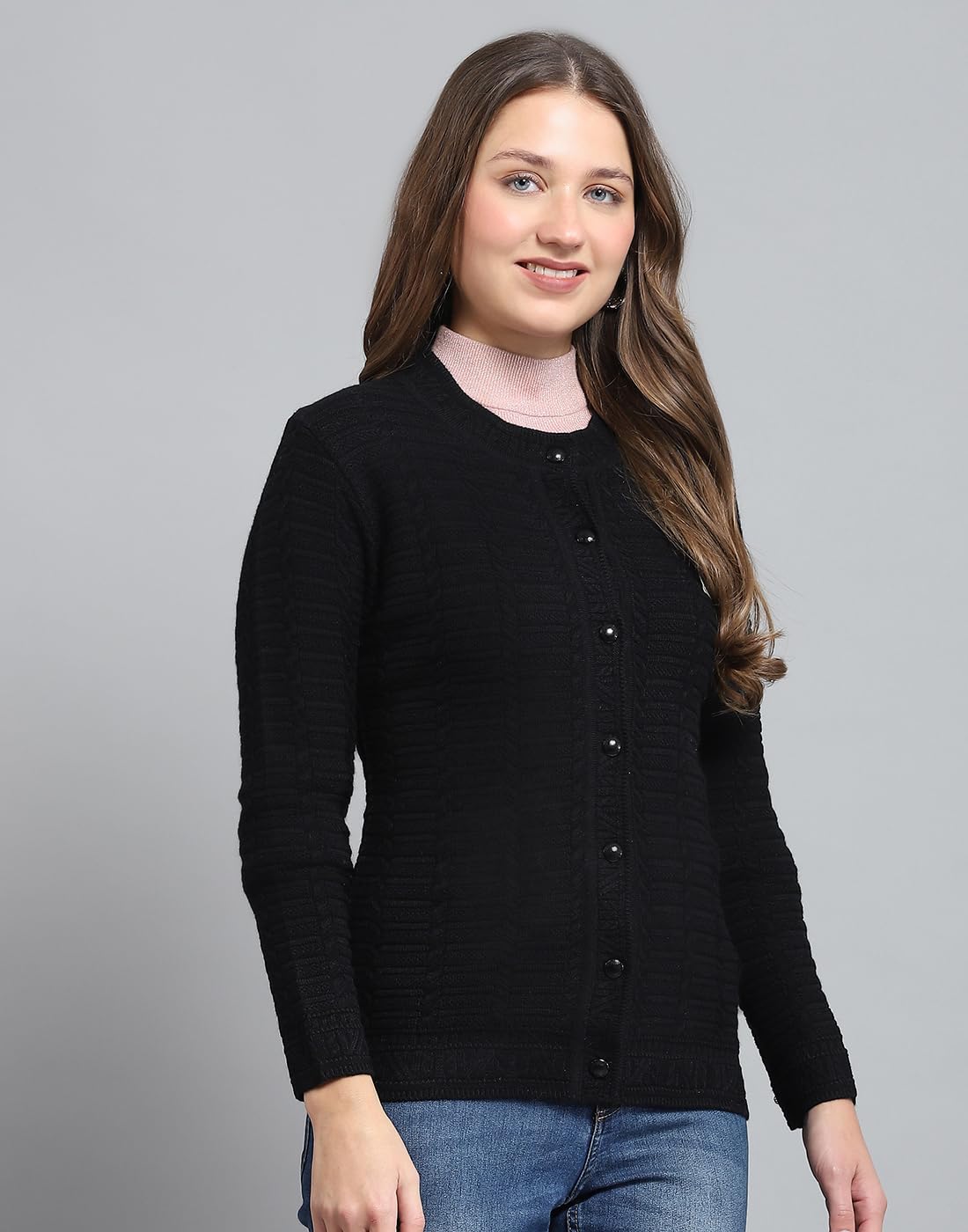 Monte Carlo Womens Self Design Black Round Neck Full Sleeve Cardigan