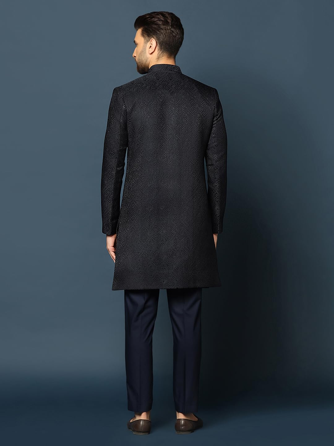 KISAH Men's Navy Blue Sherwani Trousers Set, Cotton Full Sleaves, Knee Length, Straight, Regular Fit, Mandarin Collar Ethnic Wear