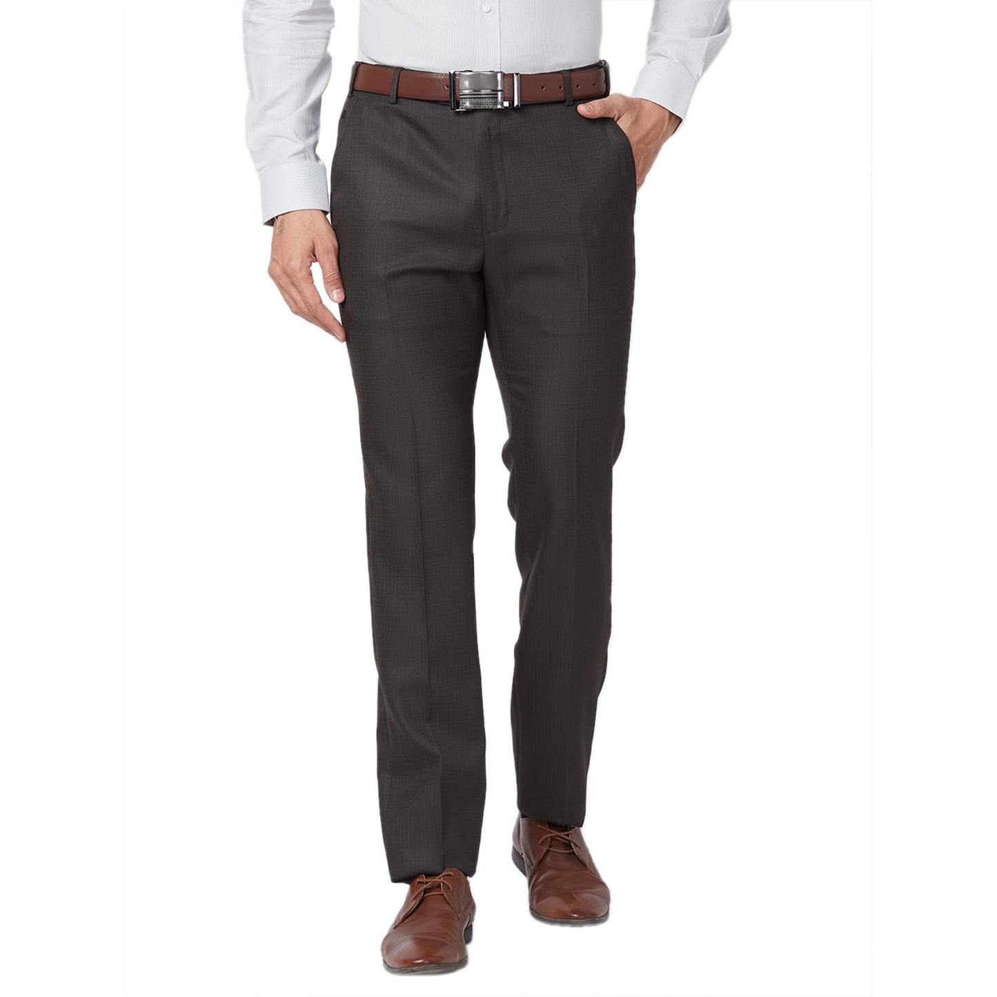 Raymond Men's Slim Fit Formal Trousers, Poly Viscose Blend, Structure Pattern | Medium Brown