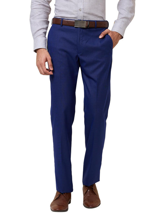 Park Avenue Men Regular Fit Checks Pattern Polyester Blend Flat Front Formal Trouser Blue