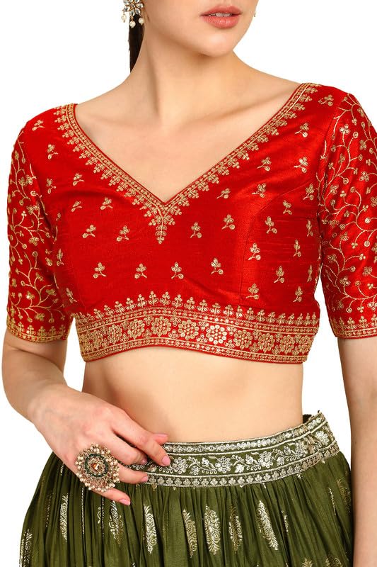 Soch Womens Red Zari Embroidery Padded Silk Blend Blouse with Sequins