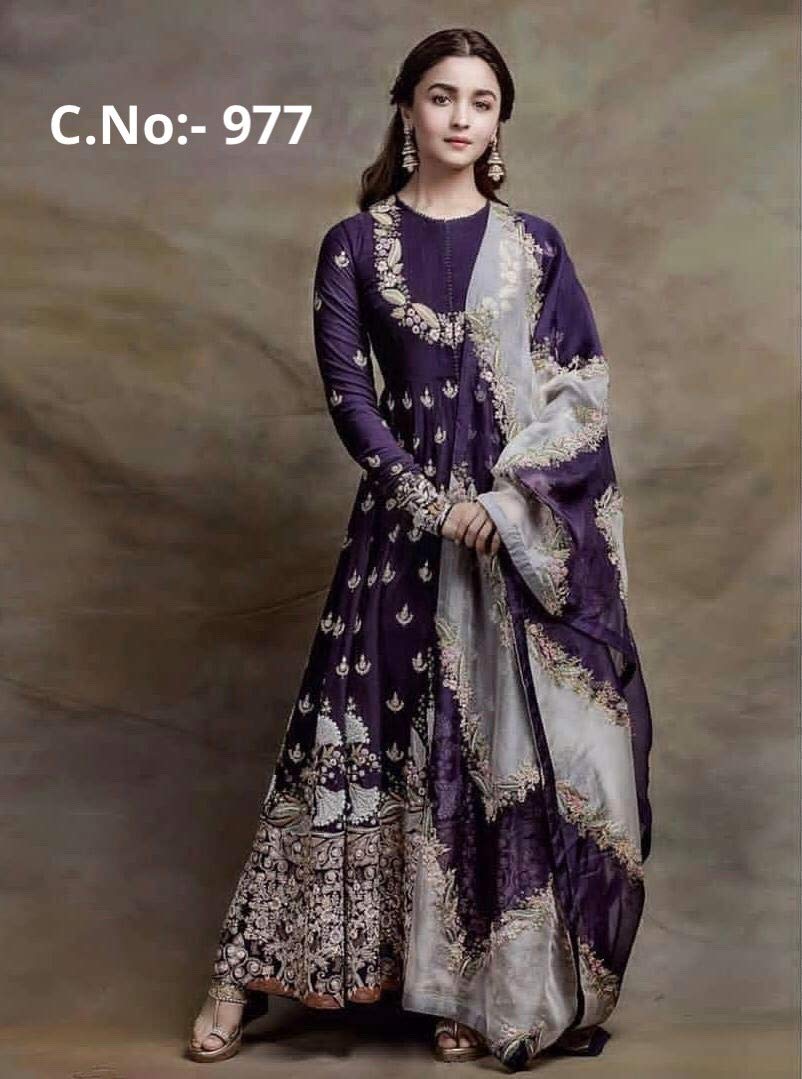 Miss Ethnik Women's Purple Georgette Semi Stitched Ankle Length Free Size Anarkali Gown