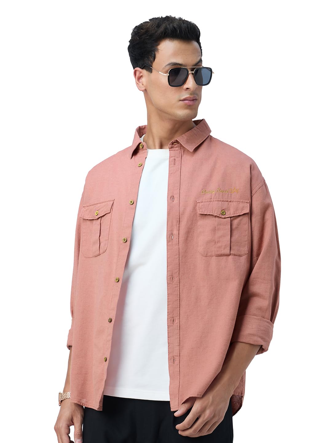 The Souled Store Cotton Linen Utility: Rosewood Men and Boys Long Sleeves Collared Neck Pink Embroidered Relaxed Fit Lightweight Casual Cotton Linen Shirt