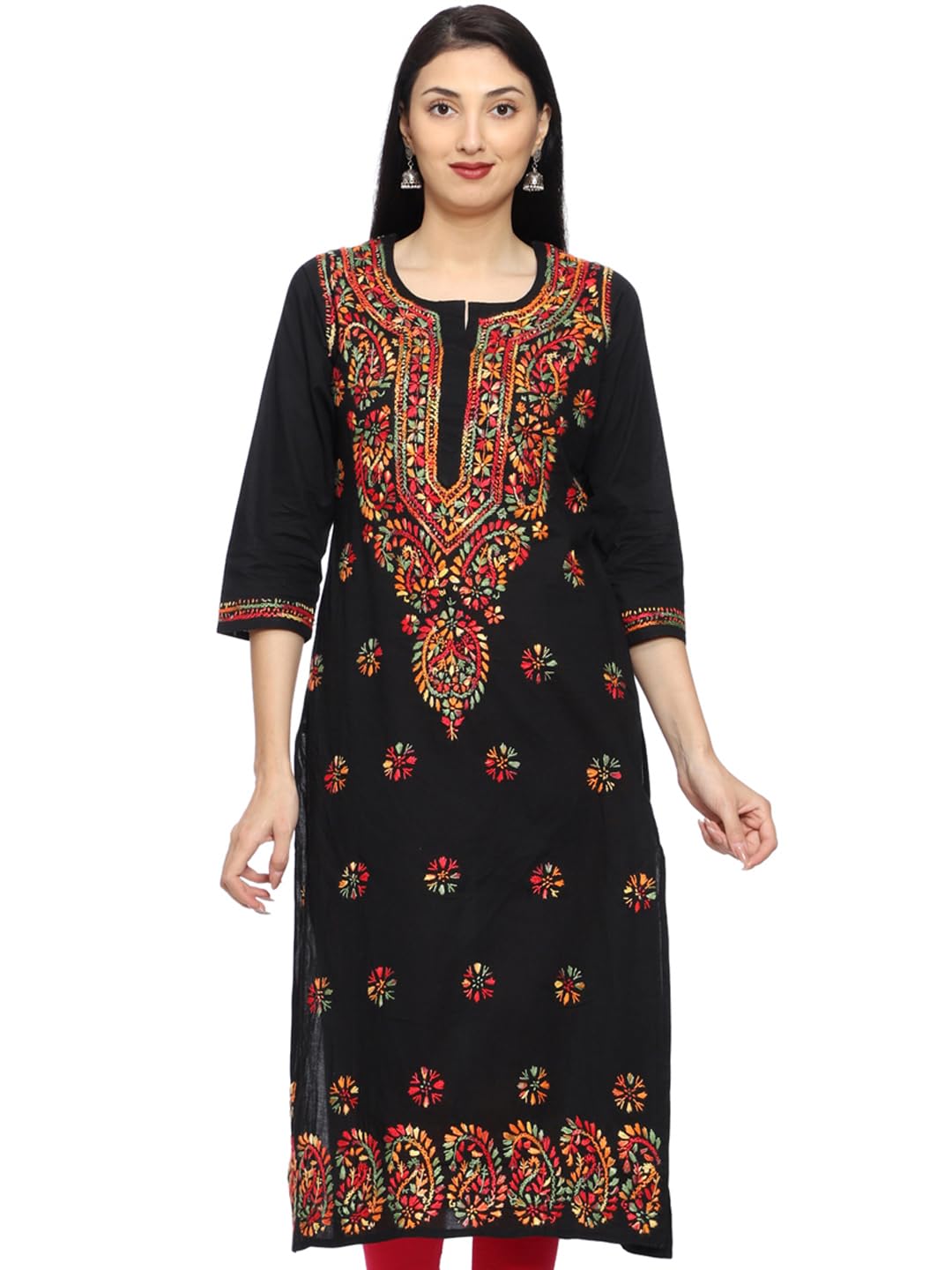 Ada Lucknowi Chikankari Hand Embroidered Straight Cotton Kurta Kurti Tunic for Women A188048 (Medium, Black)