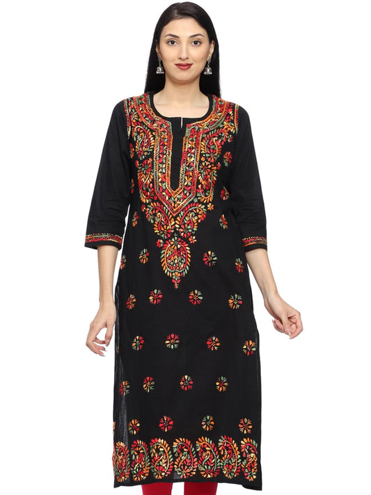 Ada Lucknowi Chikankari Hand Embroidered Straight Black Cotton Regular Fit Kurta Kurti Tunic For Women A188048 (L)