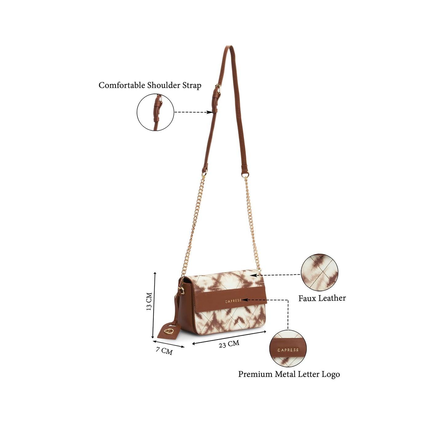 Caprese Shibori Medium Sling Bag for Women with Adjustable & Detachable Strap | Printed Faux Leather Shoulder Bag with Multi-Compartments | Zipper & Magnetic Button | Detachable Charm (Brown)