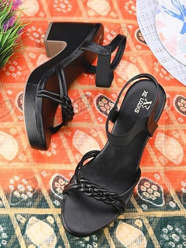 XE Looks Women's Black Wedge Sandals | Elegant Braided Strap Design with Cushioned Footbed | Lightweight Heels for Comfort & Style Sandals For Girls & Women