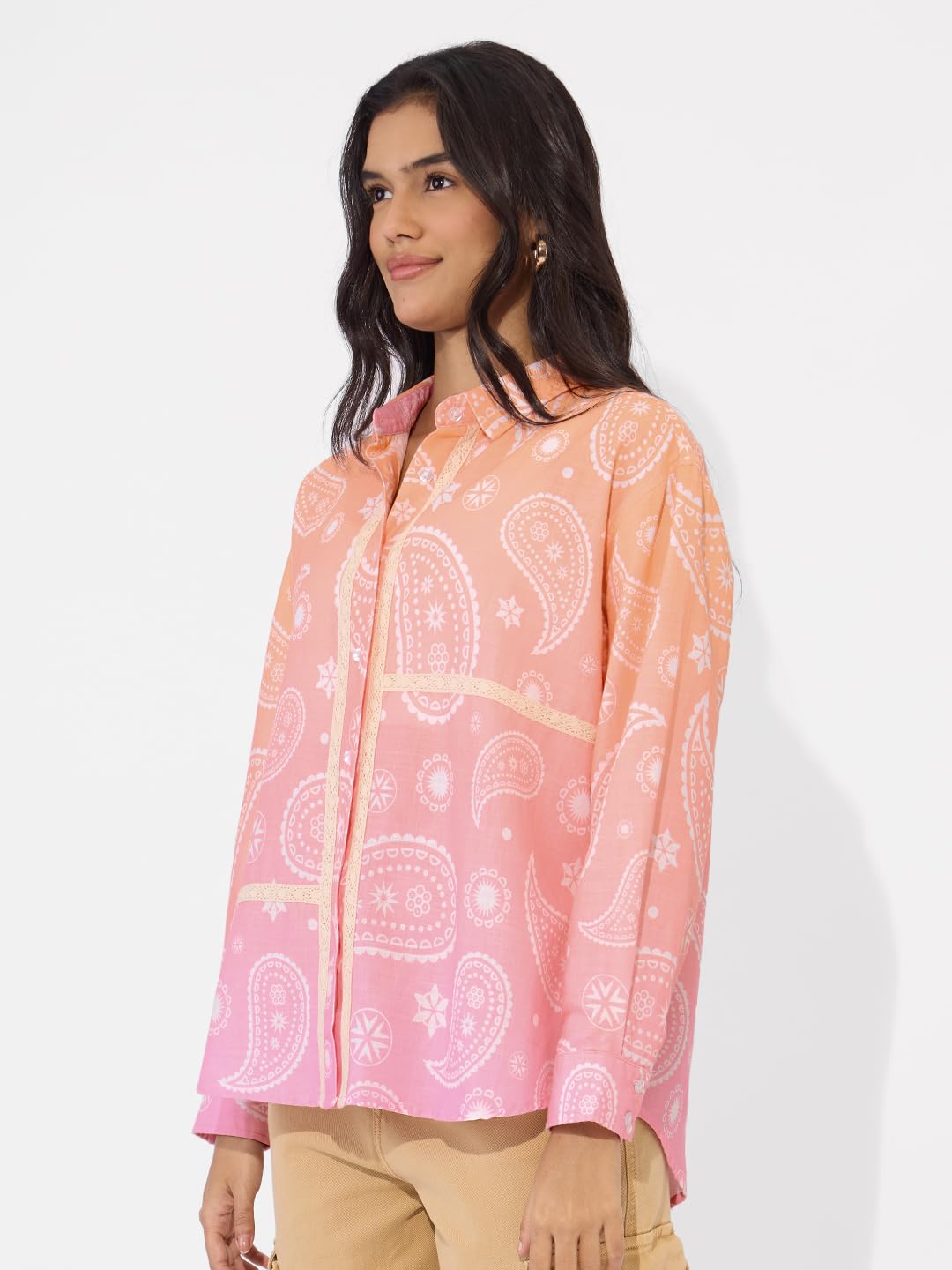 The Souled Store Mellow Paisley Women and Girls Long Sleeve Collared Neck Button Down Boyfriend Shirts Womens Boyfriend Shirts Casual Button-Down Full Sleeve Solid Short Sleeve Casual Workwear