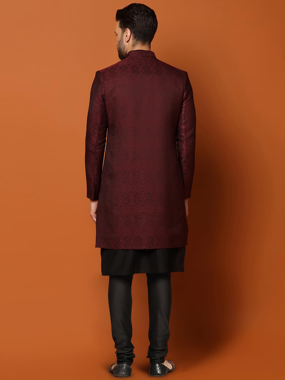 KISAH Mens Kurta Sherwani Churidar Set Silk Blend Jacquard, Indo-Western Ethnic Wear for Men, Maroon, 44