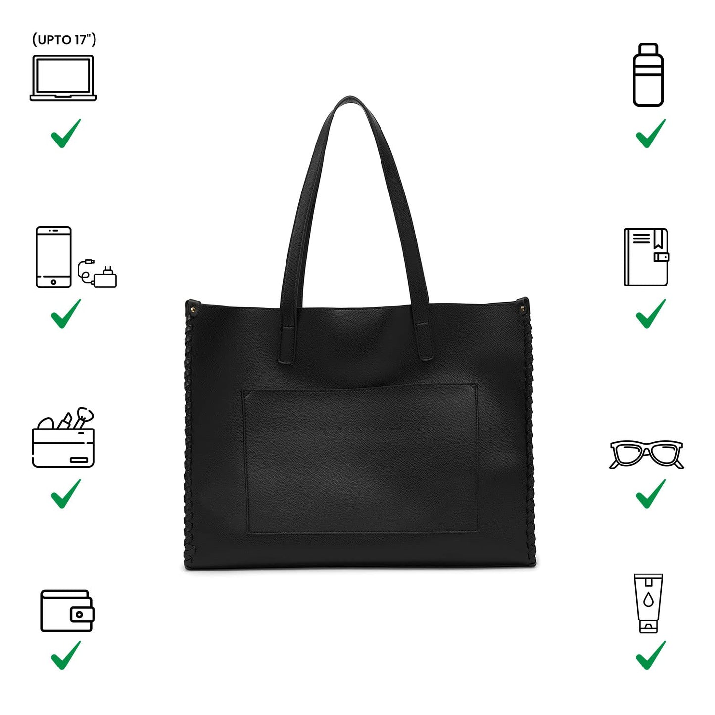 Miraggio Brooklyn Large Sized Tote Bag with Front Pocket for Women | Office Handbag for Women | Fits Upto 16" Laptop | Ladies Shoulder Purse (Black)