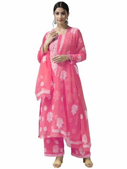 Ada Hand Embroidered Lucknow Chikankari Unstitched Georgette Dress Material Suit Set for Women A211319 Pink