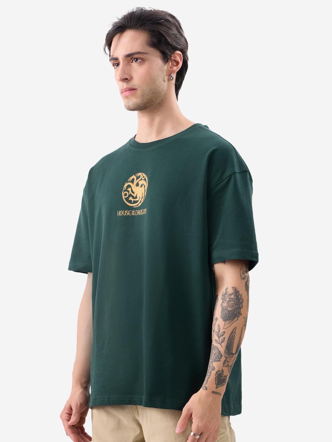 The Souled Store Official House of Dragon: Fire Made Flesh Men and Boys Short Sleeves Round Neck Green Graphic Printed Cotton Oversized T-Shirts