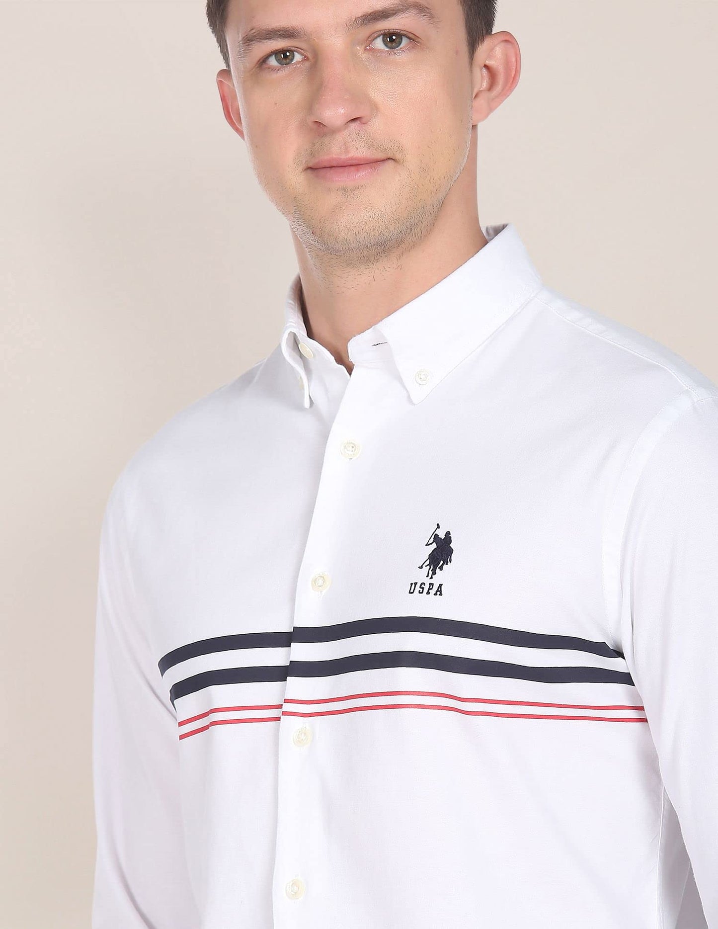 U.S. POLO ASSN. Mens Printed Engg Stripe FS Shirts (USSHTFX0027_White_M)