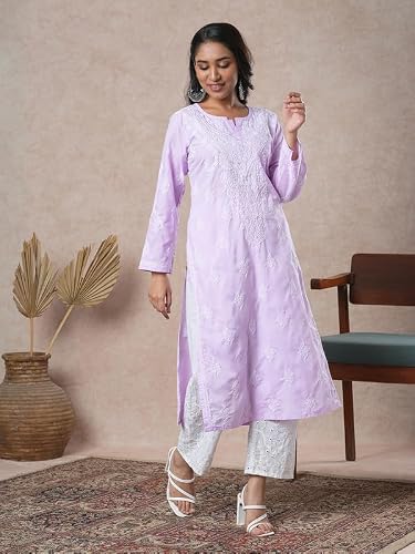 Ada Hand Embroidered Lucknowi Chikankari Cotton Kurta Kurti for Women A411691 Mauve (4XL)