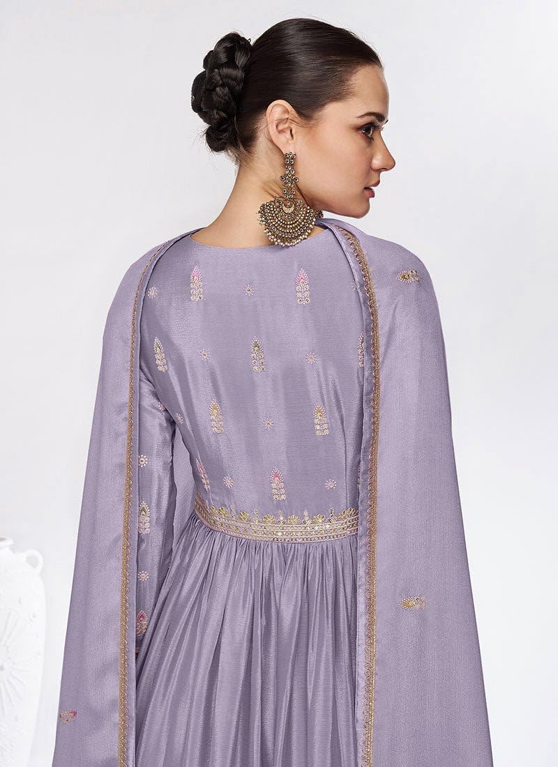 Shampysky Women's Purple Chinon Stitched Top With Dupatta Full Sleeve Embroidered Anarkali Gown (SSW-1179-Purple-XL)