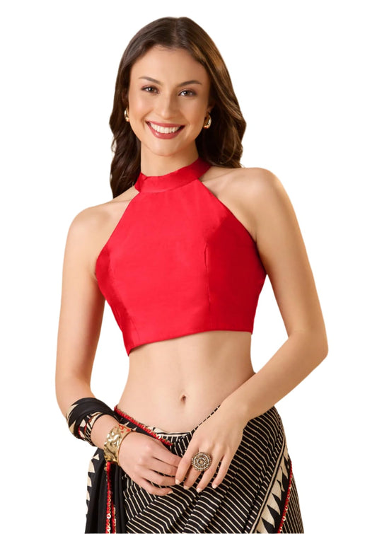 S SALWAR STUDIO Red Taffeta Silk Halter Neck Padded Readymade Blouse