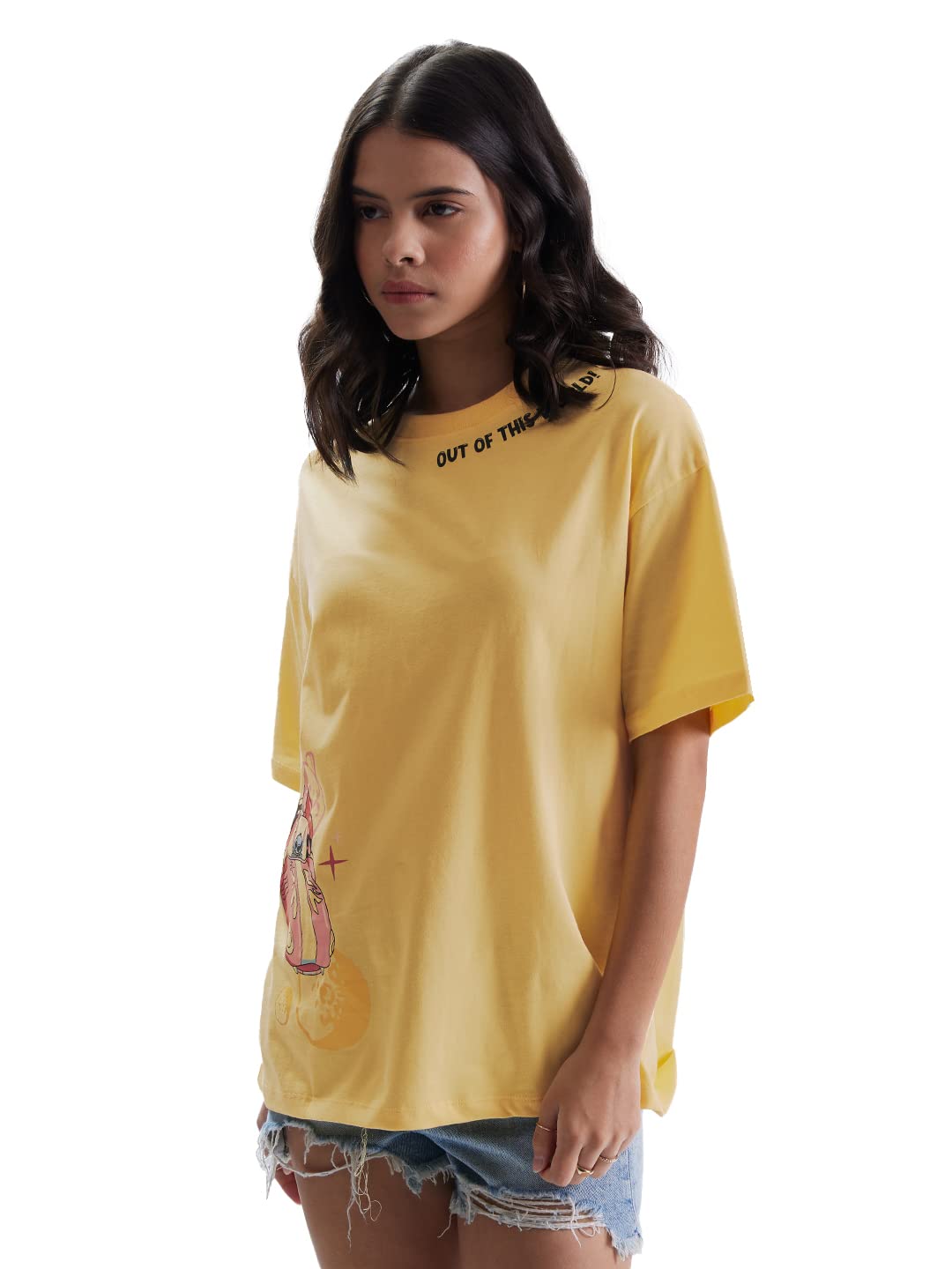 The Souled Store Lilo & Stitch: Out of This World! Womens and Girls Oversized fit Graphic Printed Half Cotton Yellow Women Oversized T-Shirts (220442_L_Yellow) Oversized T Shirts for Women
