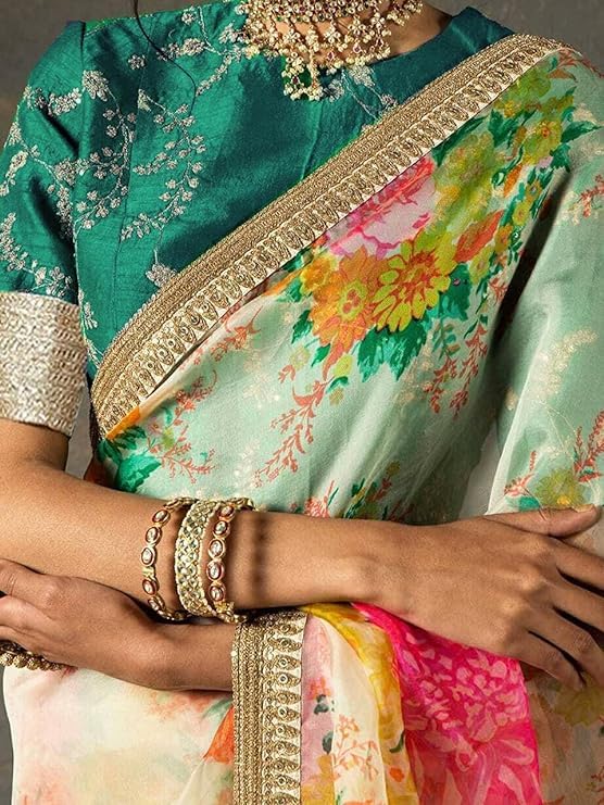 Zeel Clothing Women's Floral Organza Saree with Embroidered Blouse (7026-Cream-Saree-Floral-Organza-Women; Cream; Free)