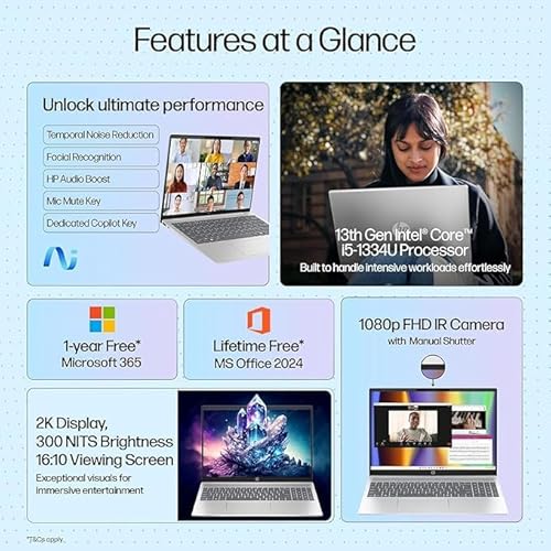 HP OmniBook 5 (Previously Pavilion),13th Gen Intel Core i5 1334U (16GB LPDDR5X,512GB SSD) 2K, WUXGA,IPS,300 nits,16''/40.6cm Touchscreen, Win11, M365, Office24, Silver,1.79kg,ba1789TU,IR Camera Laptop
