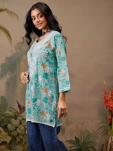 Ada Hand Embroidered Lucknowi Chikankari Printed Cotton Short Kurti Top Tunic for Women A911454 Blue (L)