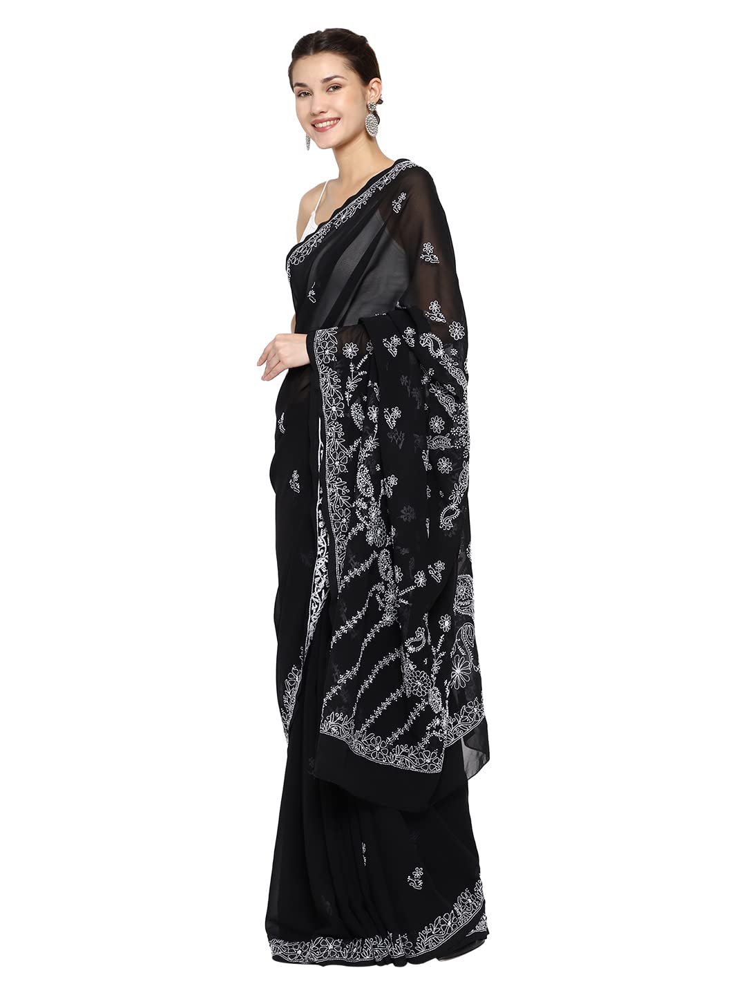 Ada Hand Embroidered Lucknow Chikankari Women's Georgette Saree with Unstitched Blouse Piece A130251 Black
