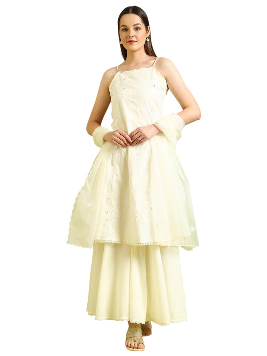 W for Woman White Embroidered Pure Cotton Straight Spaghetti Kurta and Sharara Set with Dupatta (Size: 3XL)-WS12331-400798