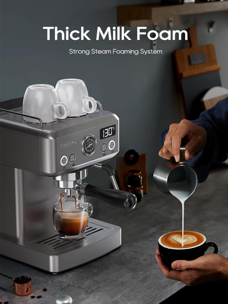 HIBREW H10A Espresso Coffee Machine (Silver), 20 Bar Semi-Automatic Coffee Maker, Compact Stainless Steel, Fast Heating, Temperature Control, Strong Steam Frothing for Cappuccino Latte