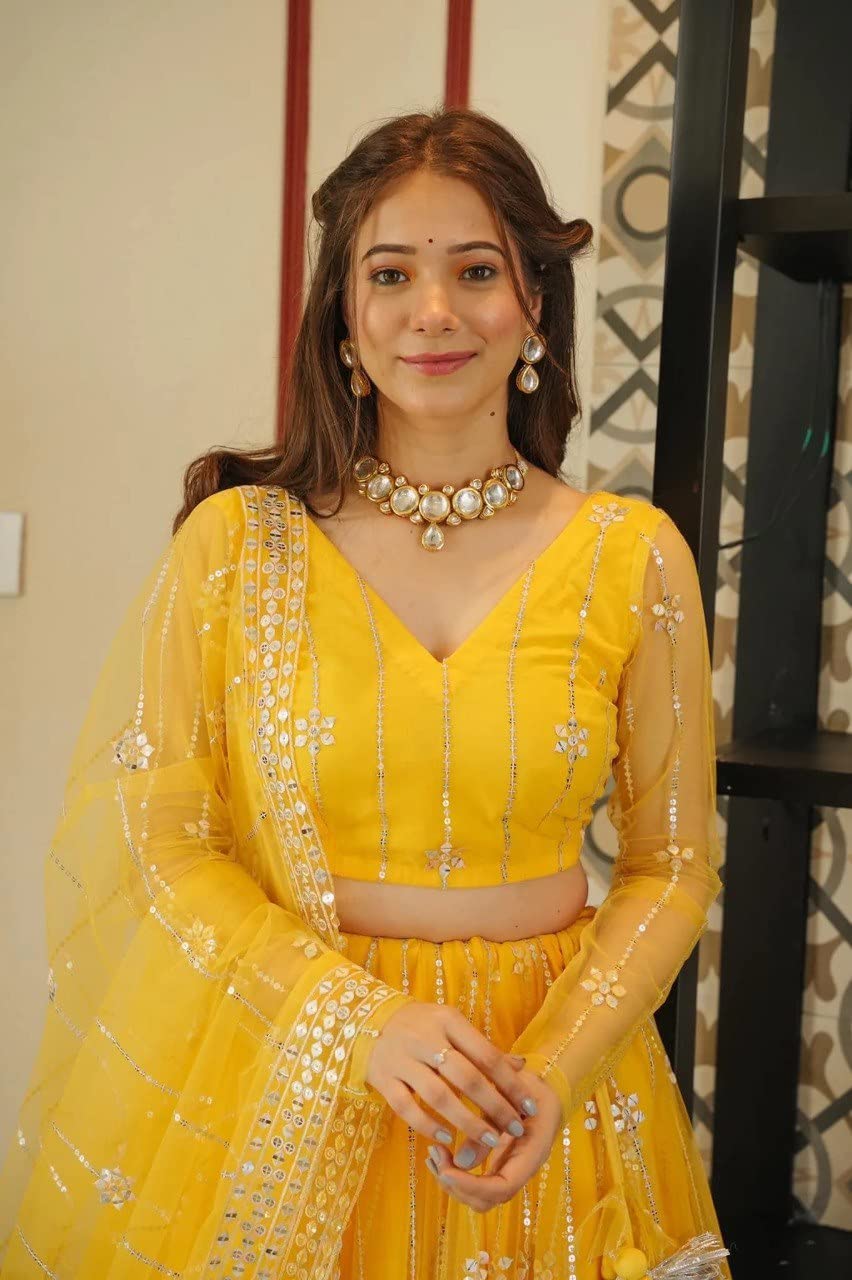 Fashion Basket Net Yellow Lehnega Choli For Womens (FB-LH-L8265-Yellow)