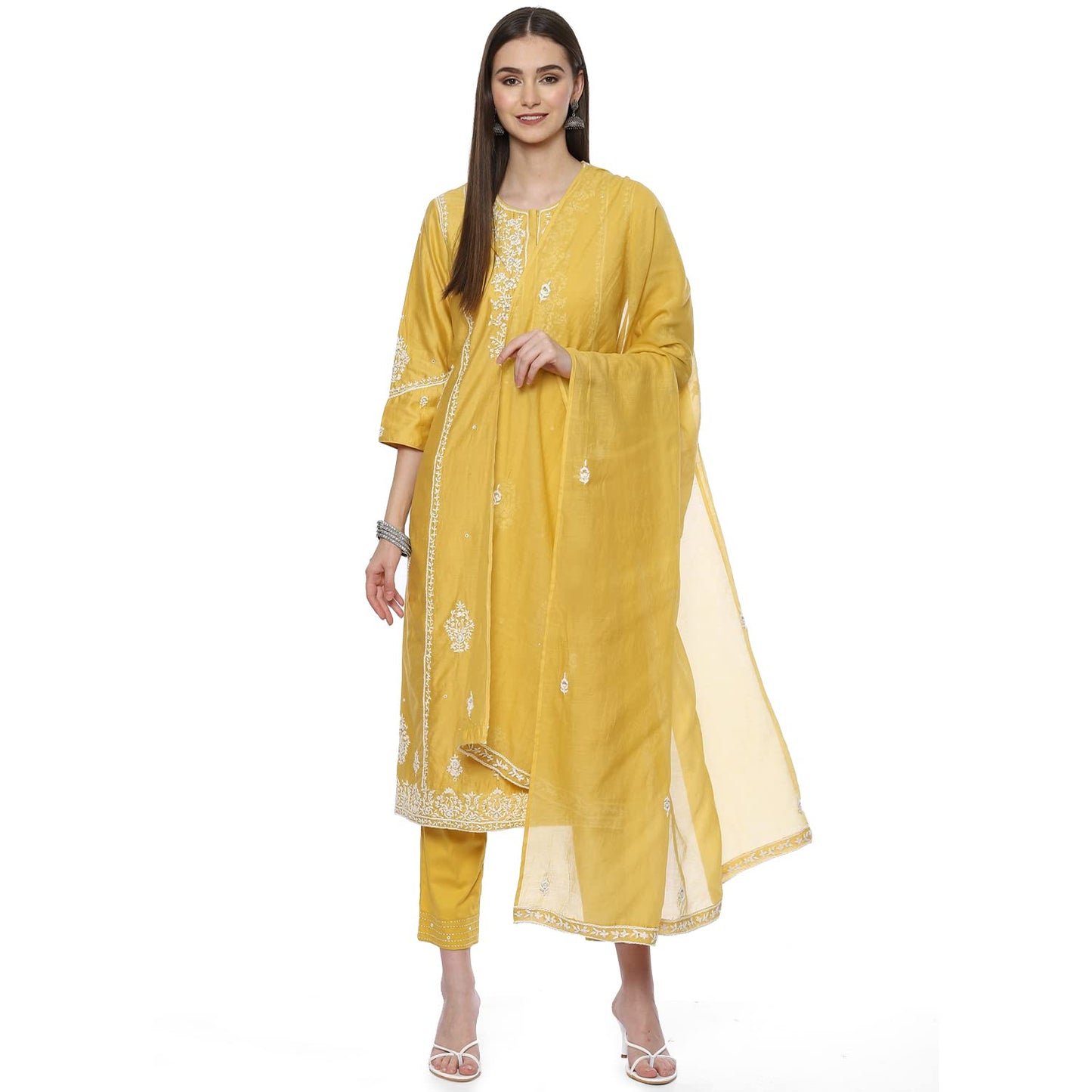 BIBA WOMEN EMBROIDERY NARROW SALWAR KURTA DUPATTA(SKDCHIKANKA8152_YELLOW_36)