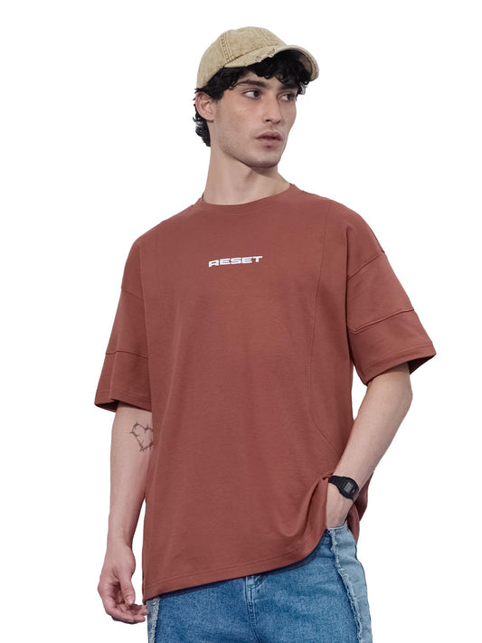 The Souled Store Originals: Reset Men and Boys Short Sleeves Round Neck Brown Solid Cotton Oversized T-Shirts