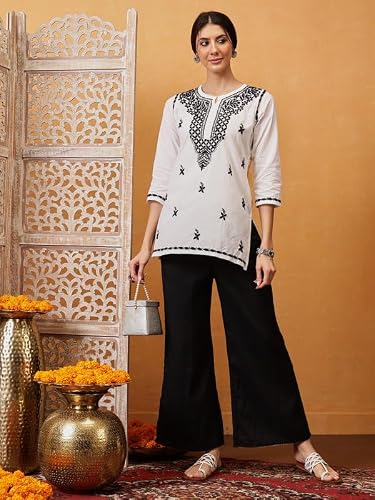 Ada Hand Embroidered Lucknowi Chikankari Cotton Short Kurti Top Tunic for Women A911479 White & Black (3XL)