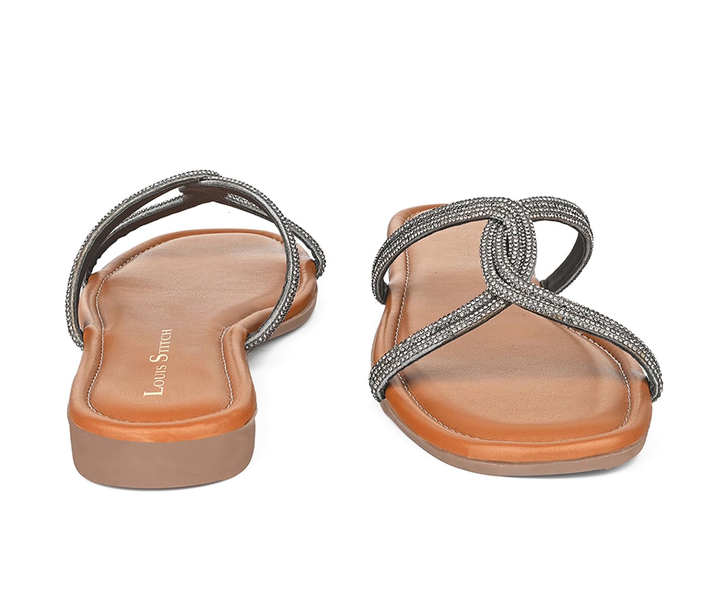 LOUIS STITCH Women’s Fashion Flat Tan Slip-On Sandals | Open Toe Silver Cross Strap Flat Slipper for Ladies | LSOF-LDSL-CRCSGM| (UK-7)