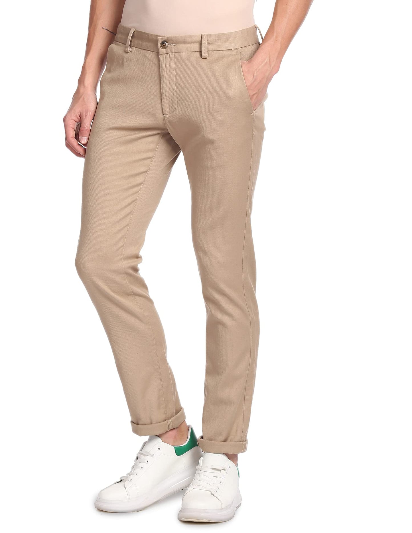 Arrow Sports Men's Mid Rise Solid Slim Fit Acrylic Casual Trouser Khaki, 32