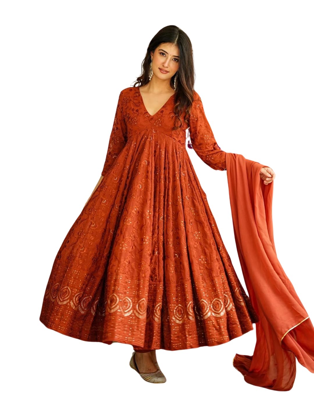 ESTELA Women Embroidered Anarkali Kurta Pant With Dupatta Set, Rust Orange, Indian (Medium)