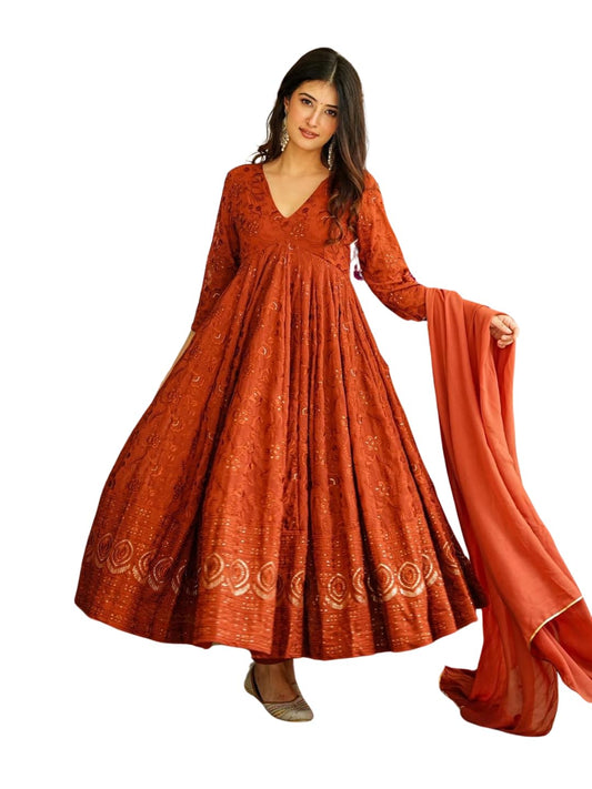 ESTELA Women Embroidered Anarkali Kurta Pant With Dupatta Set, Rust Orange, Indian (Medium)