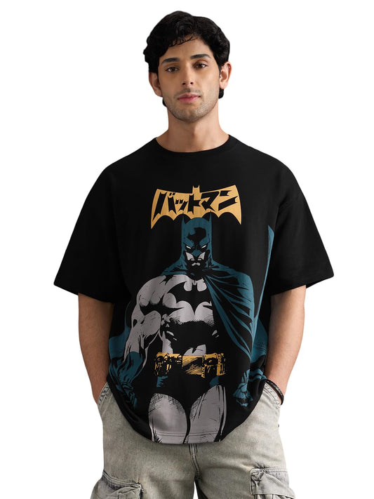 The Souled Store Batman: Manga Men and Boys Short Sleeves Round Neck Black Graphic Printed Breathable Drop Shoulder Casual Streetwear Oversized T-Shirt