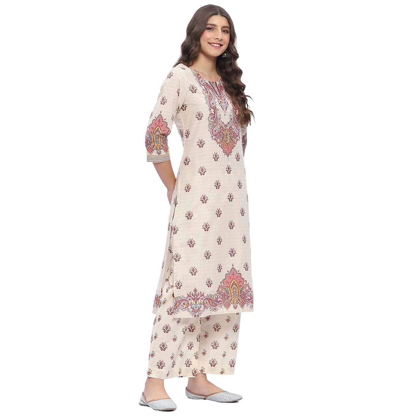 BIBA Women's Beige Pure Cotton Printed Straight Kurta Sets_36