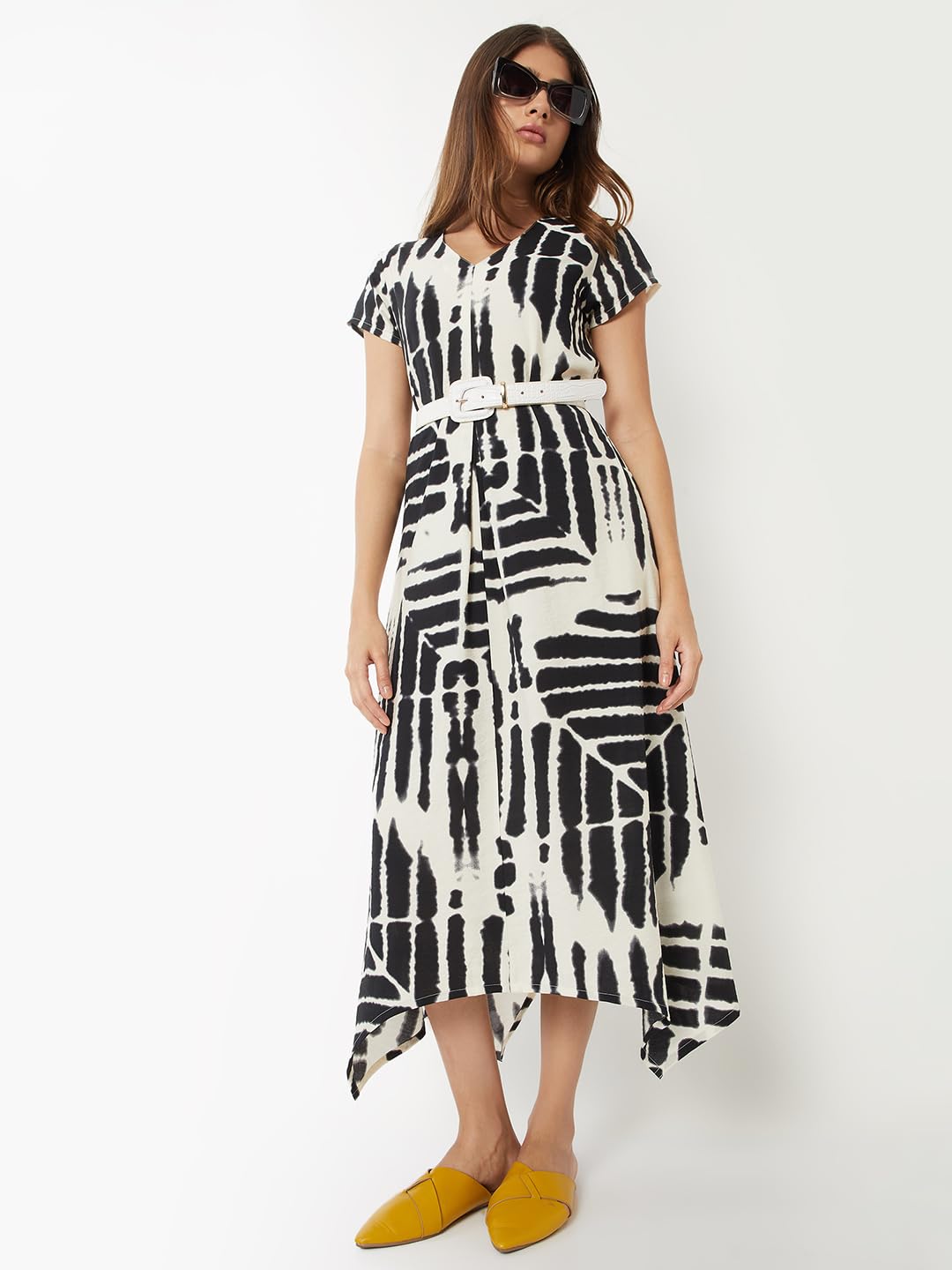 Max Women Printed A-line Dress(White_L)