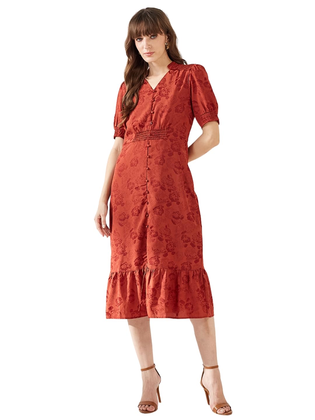 Latin Quarters Women's Red Half Sleeves Mandarin Collar Self Design Casual Midi Dress