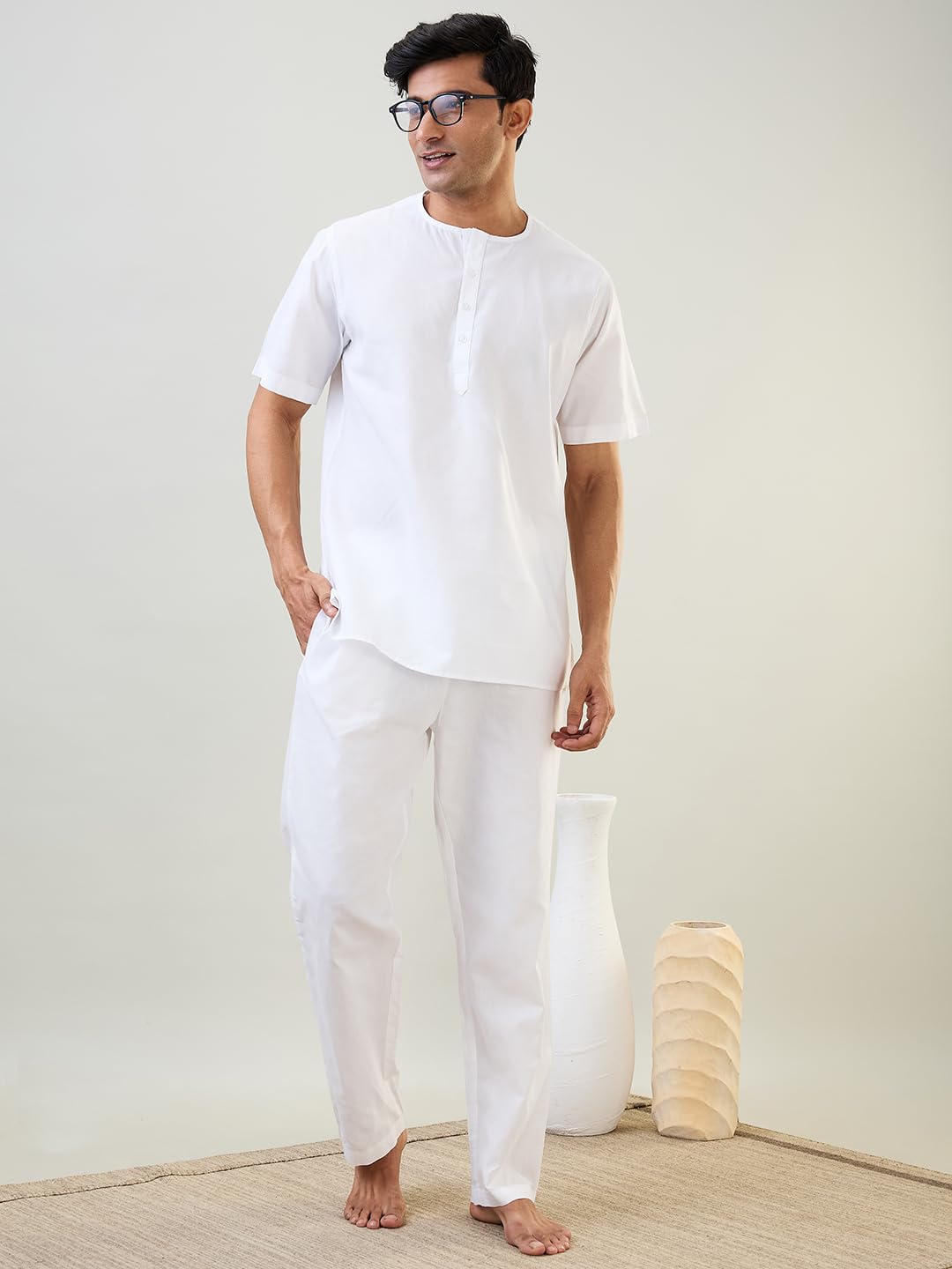 Raymond SleepZ Men Comfort Fit Solid Pattern Cotton Polyester Blend Round Neck Kurta White