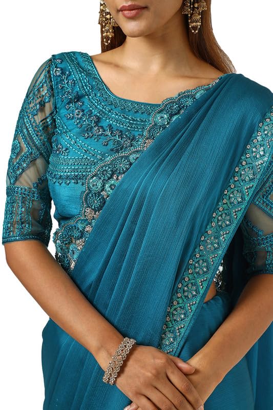 Soch Womens Teal Chiffon Embroidered Saree With Sequins