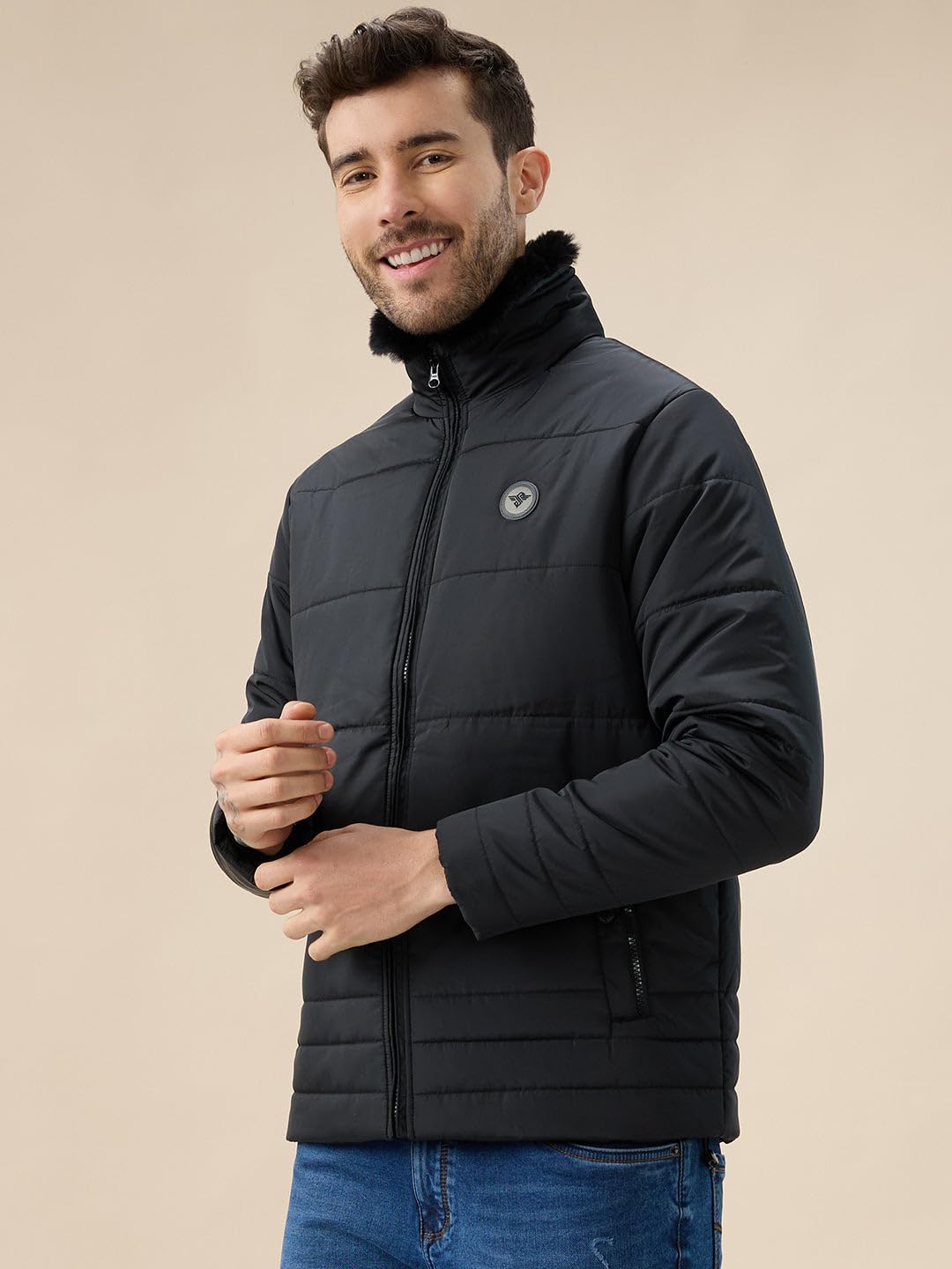 Status Quo Men's Solid Quilted Jacket Faux Fur High Neck Full Sleeves