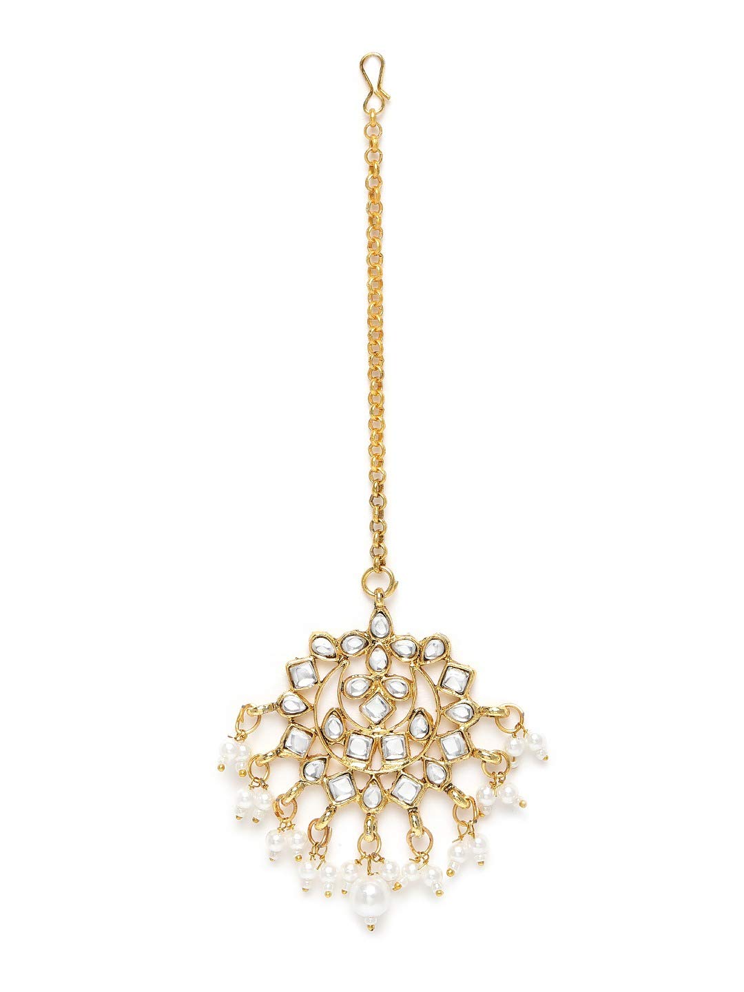 ZAVERI PEARLS Antique Gold Tone Long Kundan & Pearls Bridal Necklace, Earring & Maangtikka Set For Women-ZPFK9802