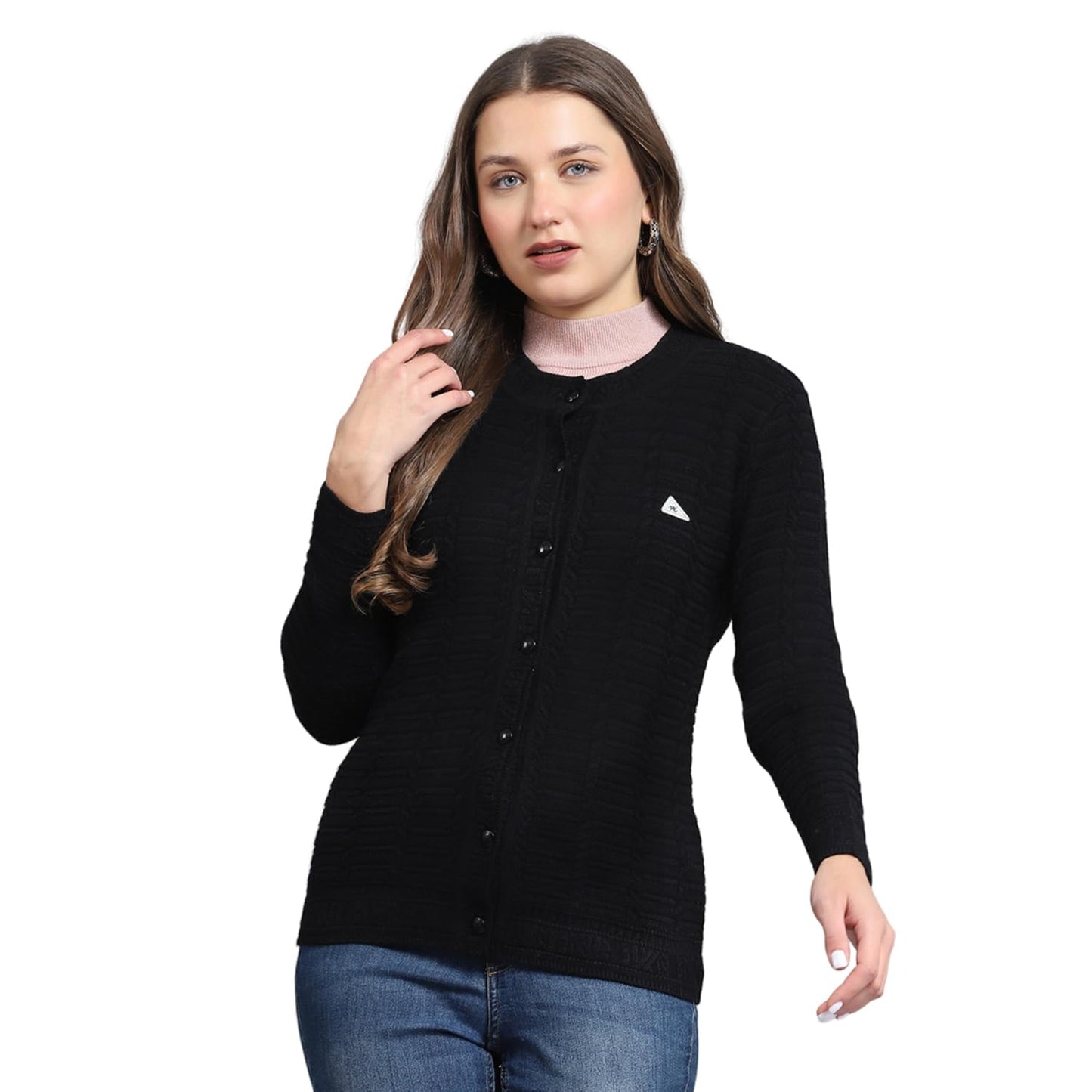 Monte Carlo Womens Self Design Black Round Neck Full Sleeve Cardigan