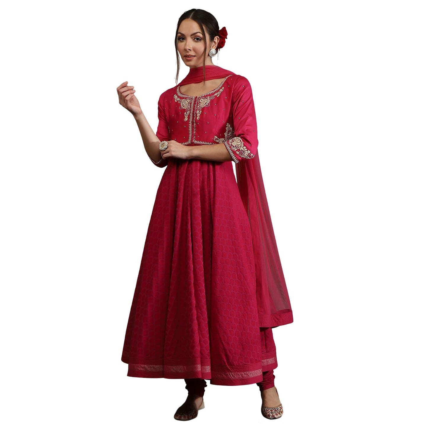BIBA Women's Silk Chanderi Kurta Sets (CKD10745AW24FUS_Pink