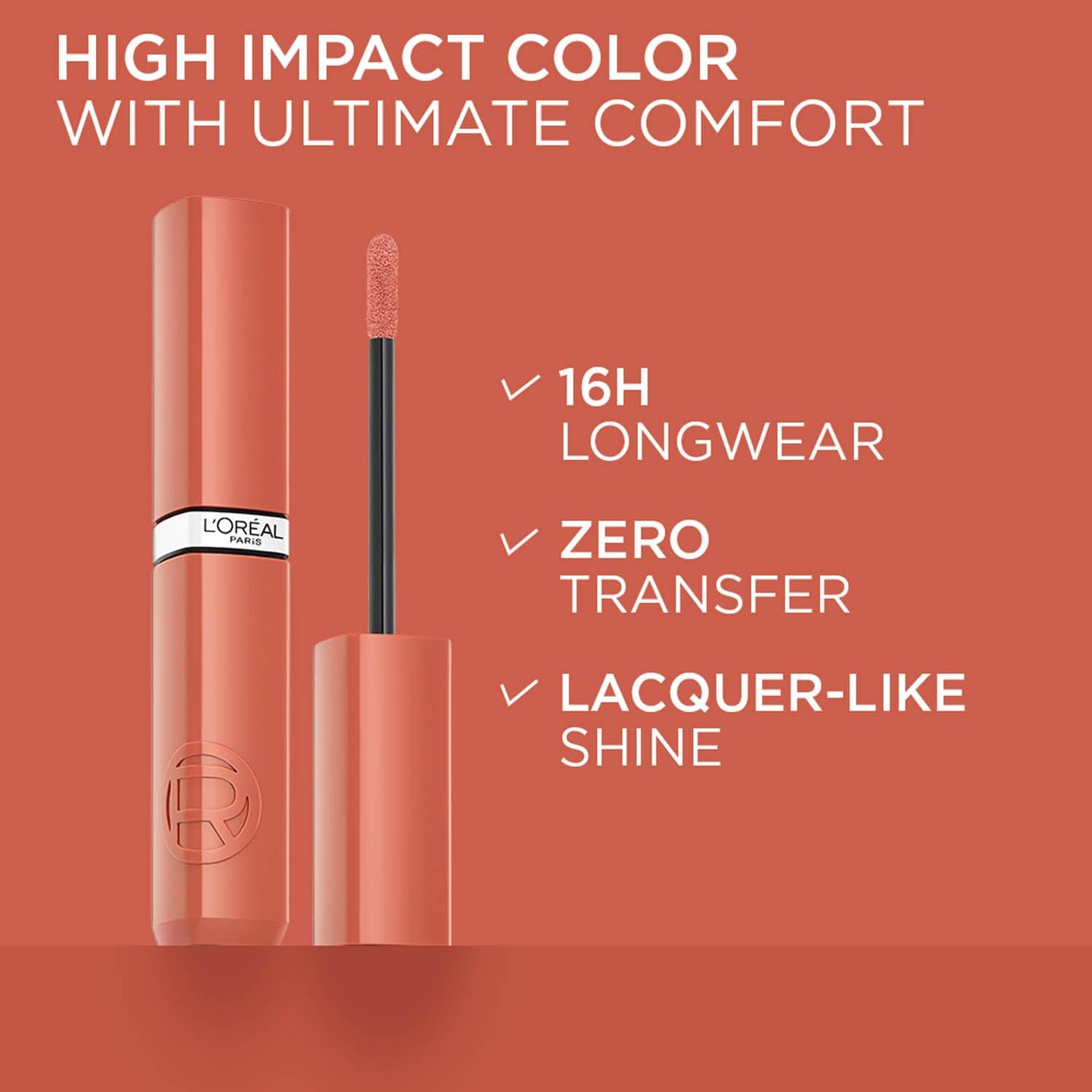 L'Oréal Paris Infallible Laque Resistance Lacquer-Like Shine Finish. 16H longwear lacquer lipstick. High-impact color, zero transfer - 225 Rouge Confidence, 4ml