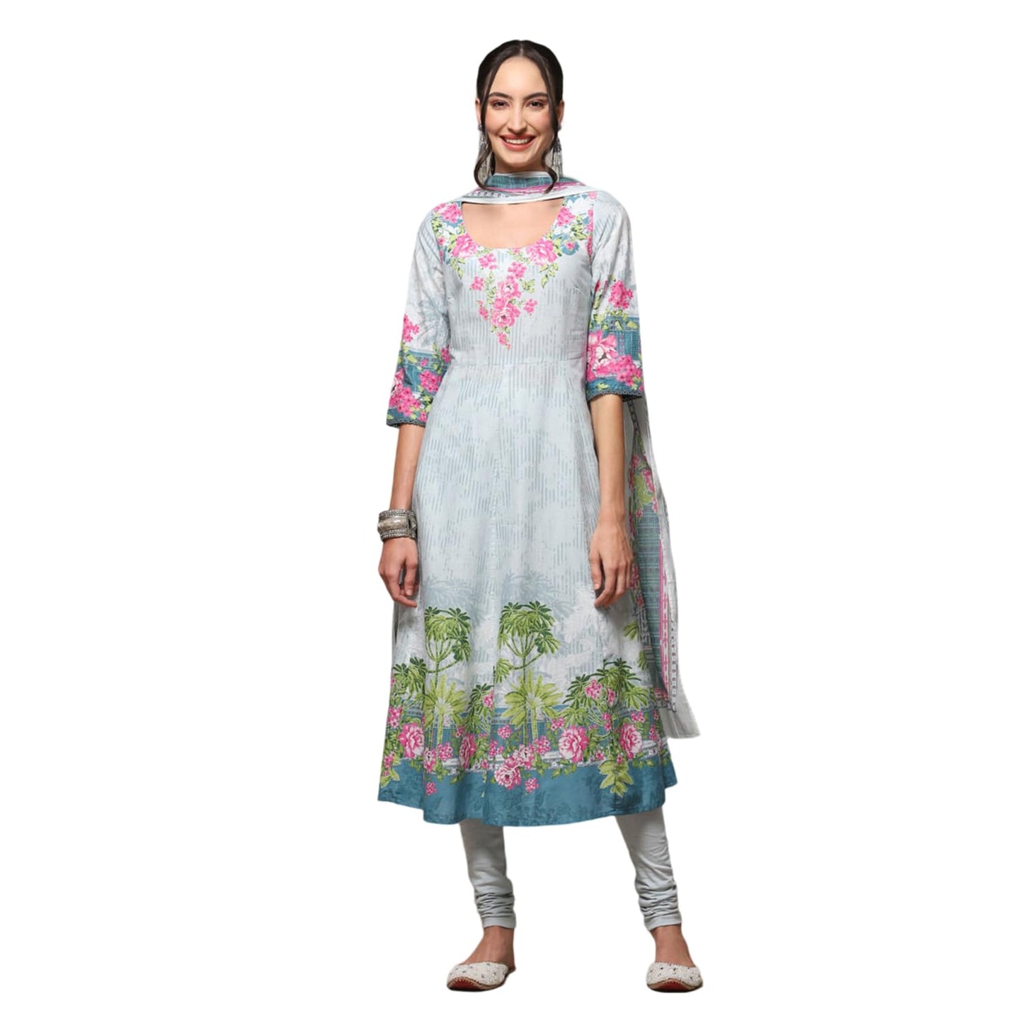 BIBA Women's Powder Blue Cotton Anarkali Kurta Churidar Suit Set_36