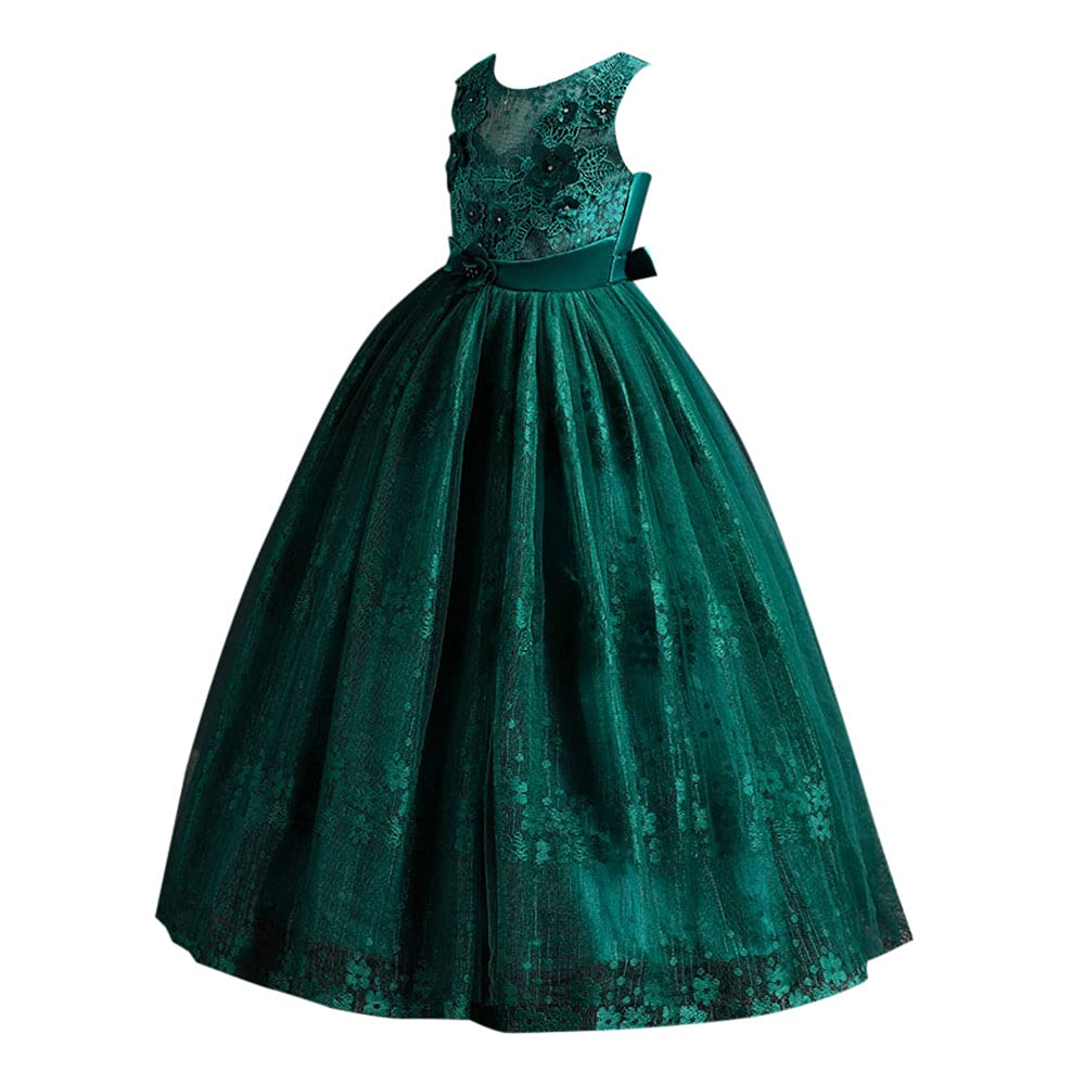 Hopscotch Girls Polyester Sleeveless Floral Applique Fit And Flare, Maxi Gown In Green Color For Ages 4-5 Years (Srs-3514654)